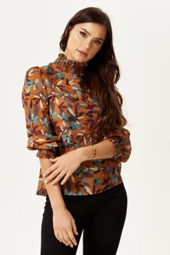 Women's Divine Grace Long Sleeve Floral Print Top in Brown with High Neck and Elasticated Cuffs