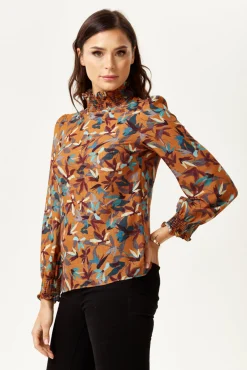 Women's Divine Grace Long Sleeve Floral Print Top in Brown with High Neck and Elasticated Cuffs