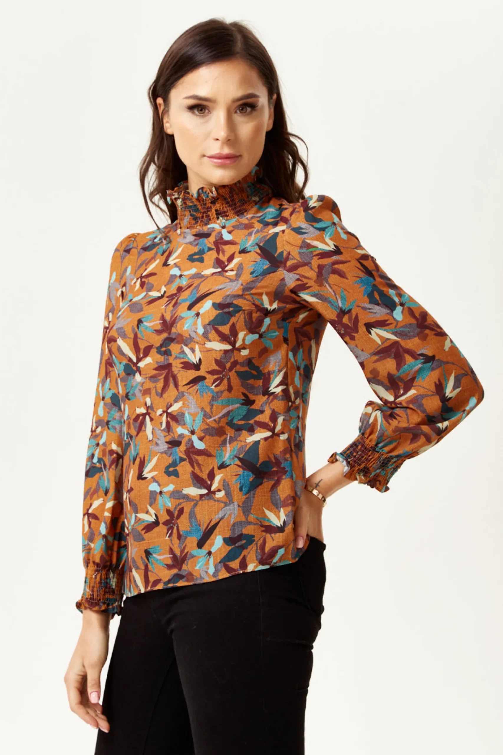 Women's Divine Grace Long Sleeve Floral Print Top in Brown with High Neck and Elasticated Cuffs