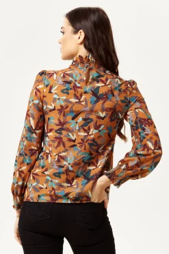 Women's Divine Grace Long Sleeve Floral Print Top in Brown with High Neck and Elasticated Cuffs