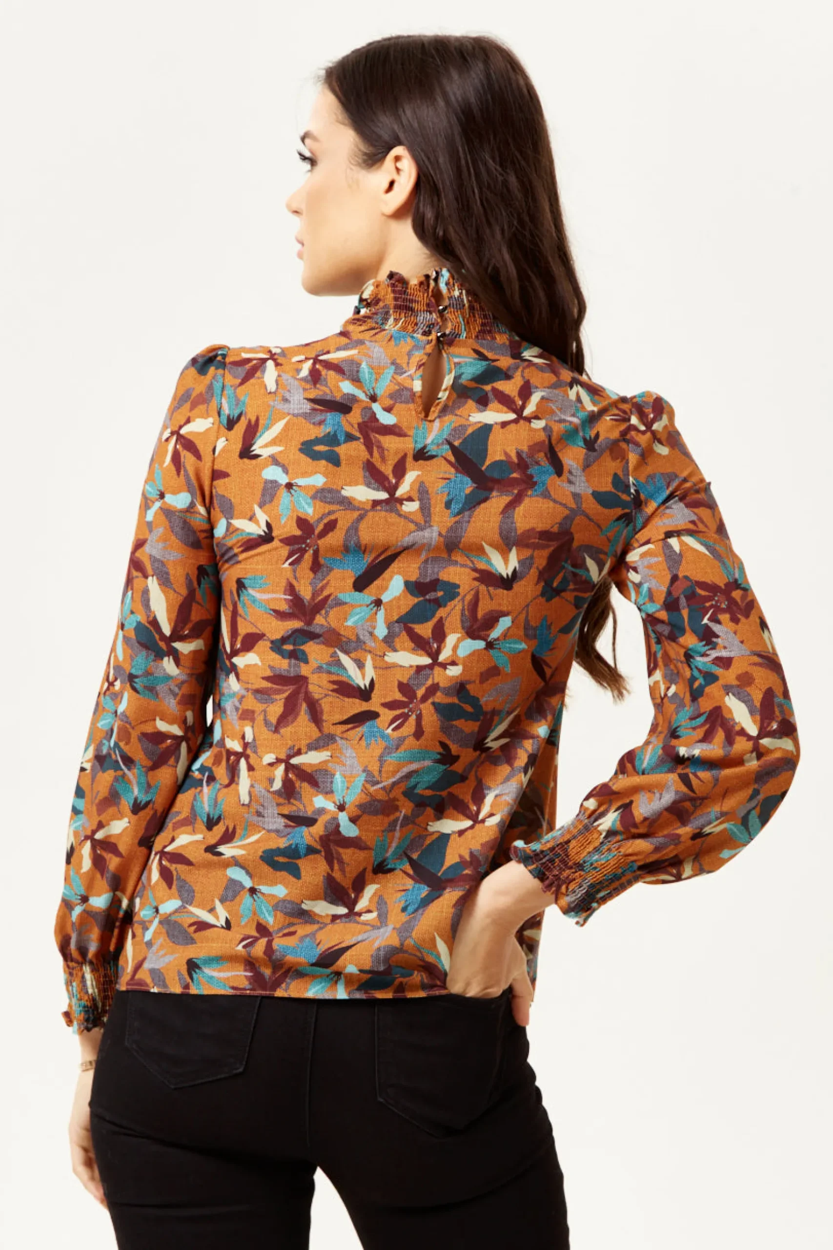 Women's Divine Grace Long Sleeve Floral Print Top in Brown with High Neck and Elasticated Cuffs