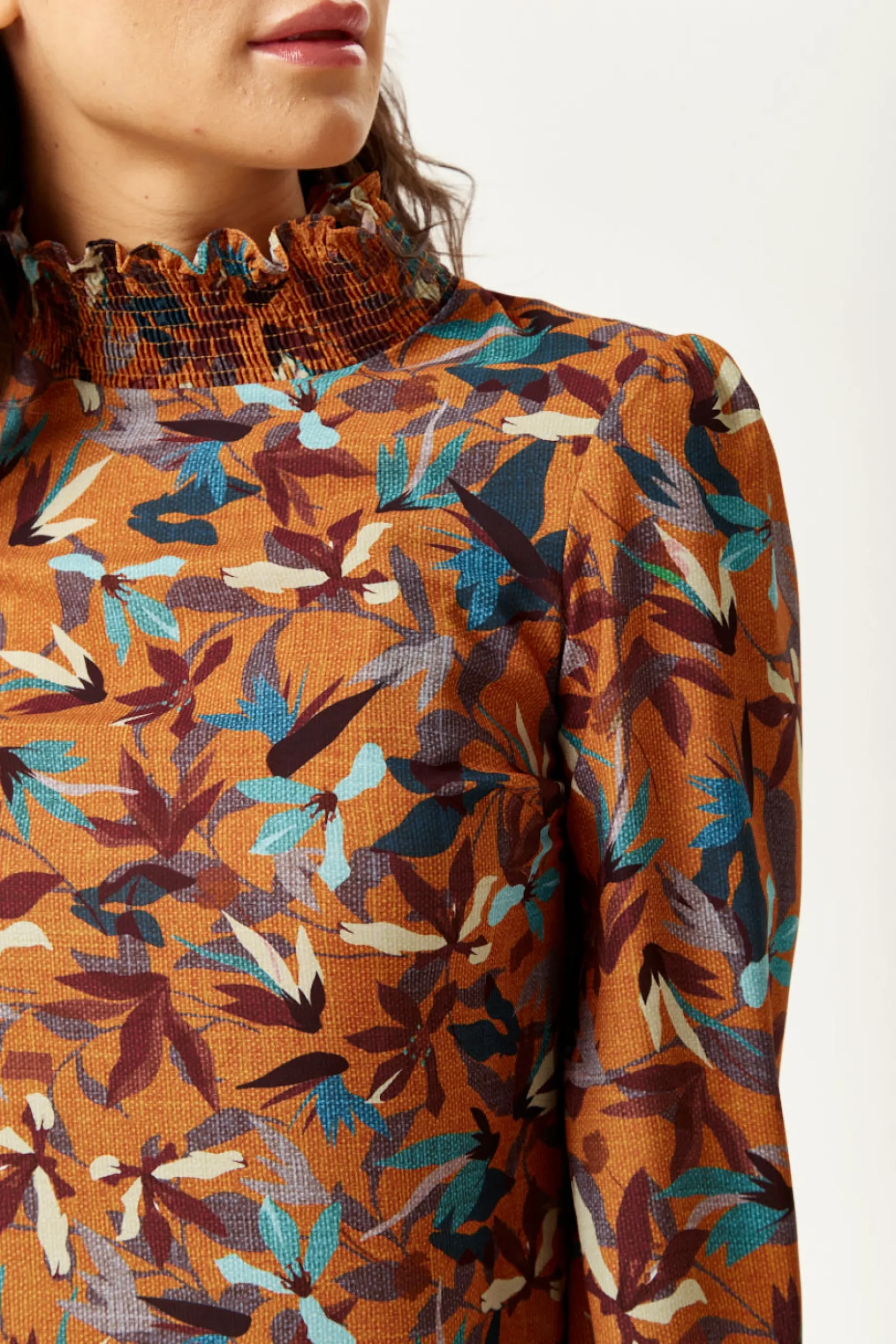 Women's Divine Grace Long Sleeve Floral Print Top in Brown with High Neck and Elasticated Cuffs