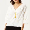 Women's Divine Grace White Embroidered Oversized Top - Deep V Neck, Floral Print, 3/4 Sleeve, Regular Fit