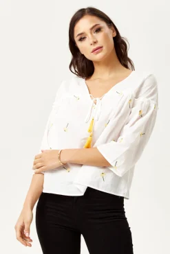Women's Divine Grace White Embroidered Oversized Top - Deep V Neck, Floral Print, 3/4 Sleeve, Regular Fit