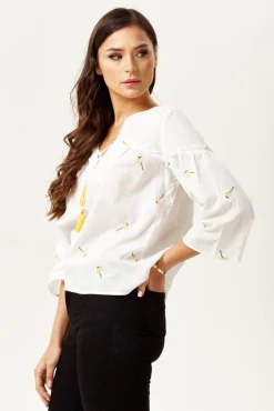 Women's Divine Grace White Embroidered Oversized Top - Deep V Neck, Floral Print, 3/4 Sleeve, Regular Fit
