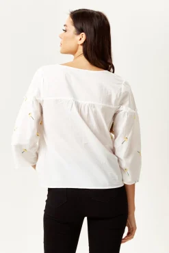 Women's Divine Grace White Embroidered Oversized Top - Deep V Neck, Floral Print, 3/4 Sleeve, Regular Fit