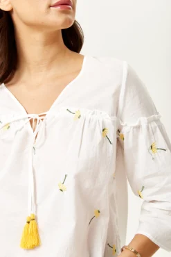 Women's Divine Grace White Embroidered Oversized Top - Deep V Neck, Floral Print, 3/4 Sleeve, Regular Fit