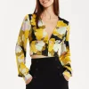 Women's Earth Tone Floral Print Structured Crop Top with Long Sleeves, V-Neckline, and Hook & Eye Fastenings