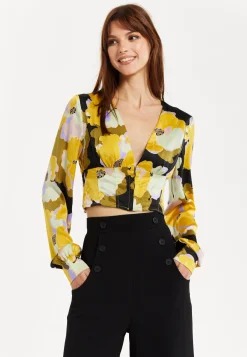 Women's Earth Tone Floral Print Structured Crop Top with Long Sleeves, V-Neckline, and Hook & Eye Fastenings