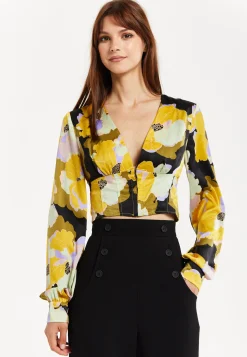 Women's Earth Tone Floral Print Structured Crop Top with Long Sleeves, V-Neckline, and Hook & Eye Fastenings