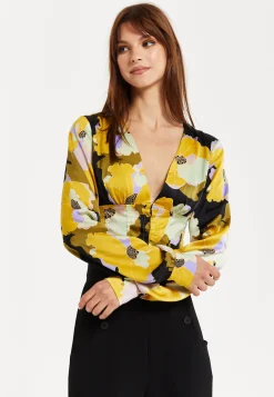 Women's Earth Tone Floral Print Structured Crop Top with Long Sleeves, V-Neckline, and Hook & Eye Fastenings