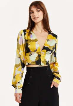 Women's Earth Tone Floral Print Structured Crop Top with Long Sleeves, V-Neckline, and Hook & Eye Fastenings