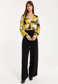 Women's Earth Tone Floral Print Structured Crop Top with Long Sleeves, V-Neckline, and Hook & Eye Fastenings