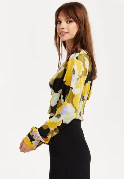 Women's Earth Tone Floral Print Structured Crop Top with Long Sleeves, V-Neckline, and Hook & Eye Fastenings