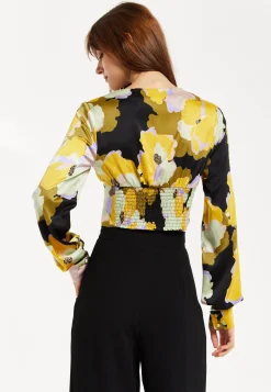 Women's Earth Tone Floral Print Structured Crop Top with Long Sleeves, V-Neckline, and Hook & Eye Fastenings