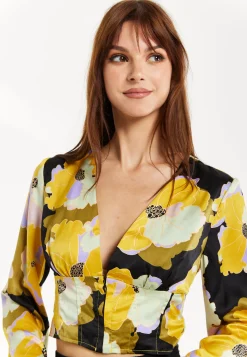 Women's Earth Tone Floral Print Structured Crop Top with Long Sleeves, V-Neckline, and Hook & Eye Fastenings