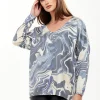 Women's Elegant Blue Marble Print V-neck Top with Full Length Sleeves for Stylish Versatility