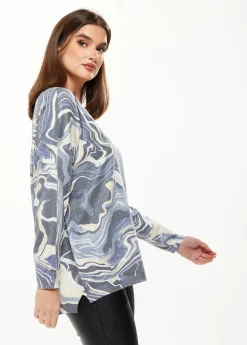 Women's Elegant Blue Marble Print V-neck Top with Full Length Sleeves for Stylish Versatility