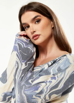 Women's Elegant Blue Marble Print V-neck Top with Full Length Sleeves for Stylish Versatility