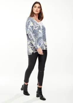Women's Elegant Blue Marble Print V-neck Top with Full Length Sleeves for Stylish Versatility