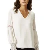 Women's Elegant V Neck White Lace Cuffed Long Sleeve Top with Regular Fit and Stylish Details