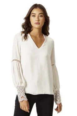 Women's Elegant V Neck White Lace Cuffed Long Sleeve Top with Regular Fit and Stylish Details