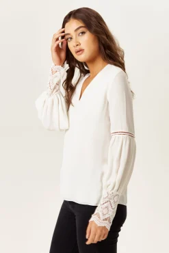 Women's Elegant V Neck White Lace Cuffed Long Sleeve Top with Regular Fit and Stylish Details