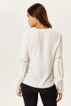 Women's Elegant V Neck White Lace Cuffed Long Sleeve Top with Regular Fit and Stylish Details