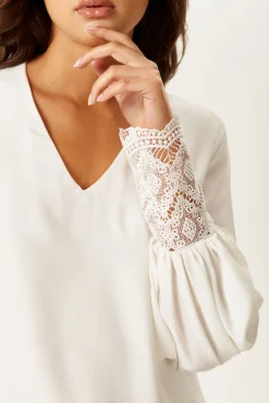 Women's Elegant V Neck White Lace Cuffed Long Sleeve Top with Regular Fit and Stylish Details