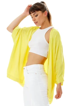 Women's Elegant Yellow Jacquard Kimono with Long Sleeves, Open Front Design for Versatile Day-to-Night Styling