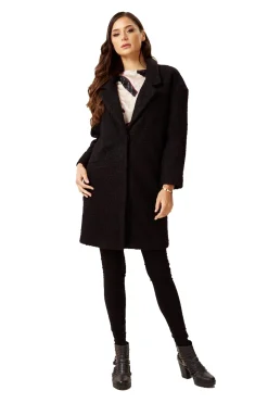 Women's Extra Loose Fit Black Bouclè Coat with Notch Lapels and Dropped Shoulders - Liquorish