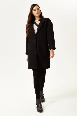 Women's Extra Loose Fit Black Bouclè Coat with Notch Lapels and Dropped Shoulders - Liquorish