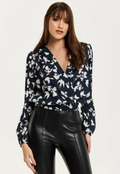Women's Floral and Bird Print Navy Wrap Top with Long Sleeves, Crossover Front, and Elasticated Waist