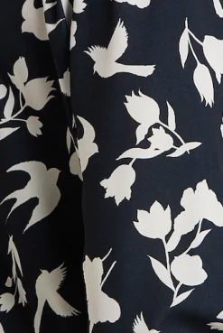 Women's Floral and Bird Print Navy Wrap Top with Long Sleeves, Crossover Front, and Elasticated Waist