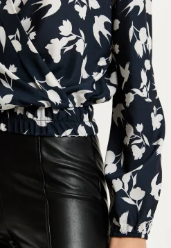 Women's Floral and Bird Print Navy Wrap Top with Long Sleeves, Crossover Front, and Elasticated Waist