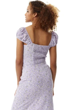 Women's Floral Button Up Front Top In Lilac - Button front, Deep V neck, Elasticated back, Regular fit, Perfect for summer.