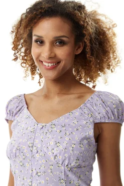 Women's Floral Button Up Front Top In Lilac - Button front, Deep V neck, Elasticated back, Regular fit, Perfect for summer.