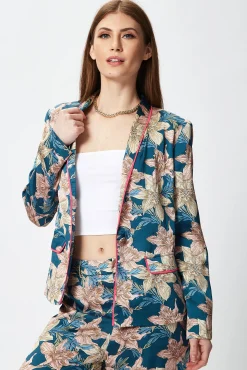 Women's Floral Jacket with Neon Piping, Shawl Lapels, Plunge Neck, Regular Fit - Liquorish