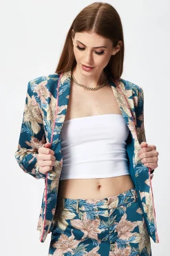 Women's Floral Jacket with Neon Piping, Shawl Lapels, Plunge Neck, Regular Fit - Liquorish