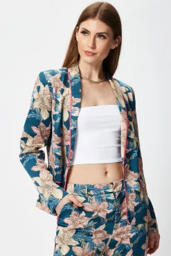 Women's Floral Jacket with Neon Piping, Shawl Lapels, Plunge Neck, Regular Fit - Liquorish