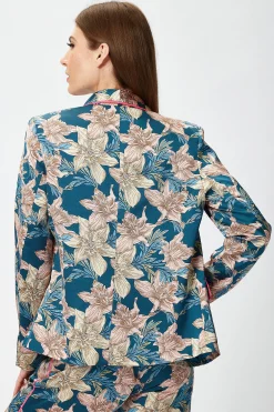 Women's Floral Jacket with Neon Piping, Shawl Lapels, Plunge Neck, Regular Fit - Liquorish