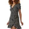 Women's Floral Mini Wrap Dress in Black with Short Sleeves, Button-Up Front, Tie Waist, and Fitted Style for Effortless Elegance