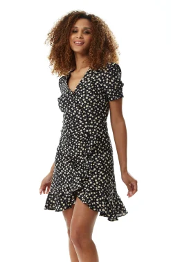Women's Floral Mini Wrap Dress in Black with Short Sleeves, Button-Up Front, Tie Waist, and Fitted Style for Effortless Elegance