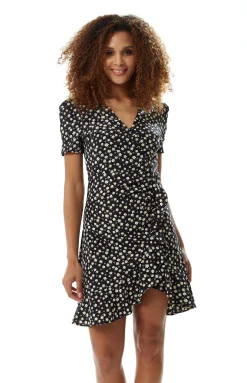Women's Floral Mini Wrap Dress in Black with Short Sleeves, Button-Up Front, Tie Waist, and Fitted Style for Effortless Elegance