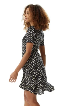 Women's Floral Mini Wrap Dress in Black with Short Sleeves, Button-Up Front, Tie Waist, and Fitted Style for Effortless Elegance