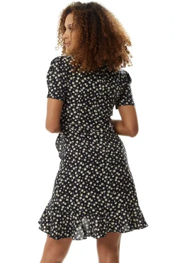 Women's Floral Mini Wrap Dress in Black with Short Sleeves, Button-Up Front, Tie Waist, and Fitted Style for Effortless Elegance