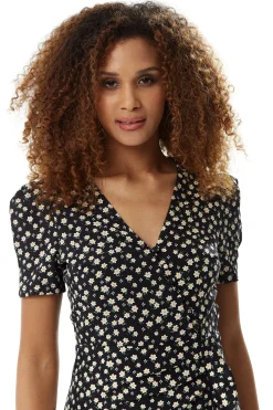 Women's Floral Mini Wrap Dress in Black with Short Sleeves, Button-Up Front, Tie Waist, and Fitted Style for Effortless Elegance
