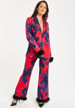 Women's Floral Print Blazer with Faux-Fur Cuffs and Fluffy Trim - Regular Fit by Liquorish