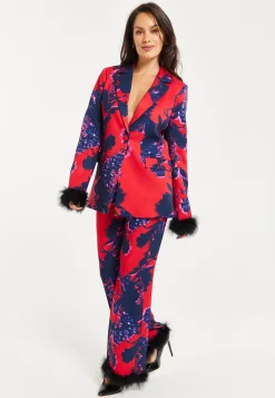 Women's Floral Print Blazer with Faux-Fur Cuffs and Fluffy Trim - Regular Fit by Liquorish