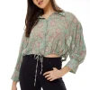 Women's Floral Print Crop Shirt in Mint Green - Painterly print, cropped style, long sleeves, tie waist.